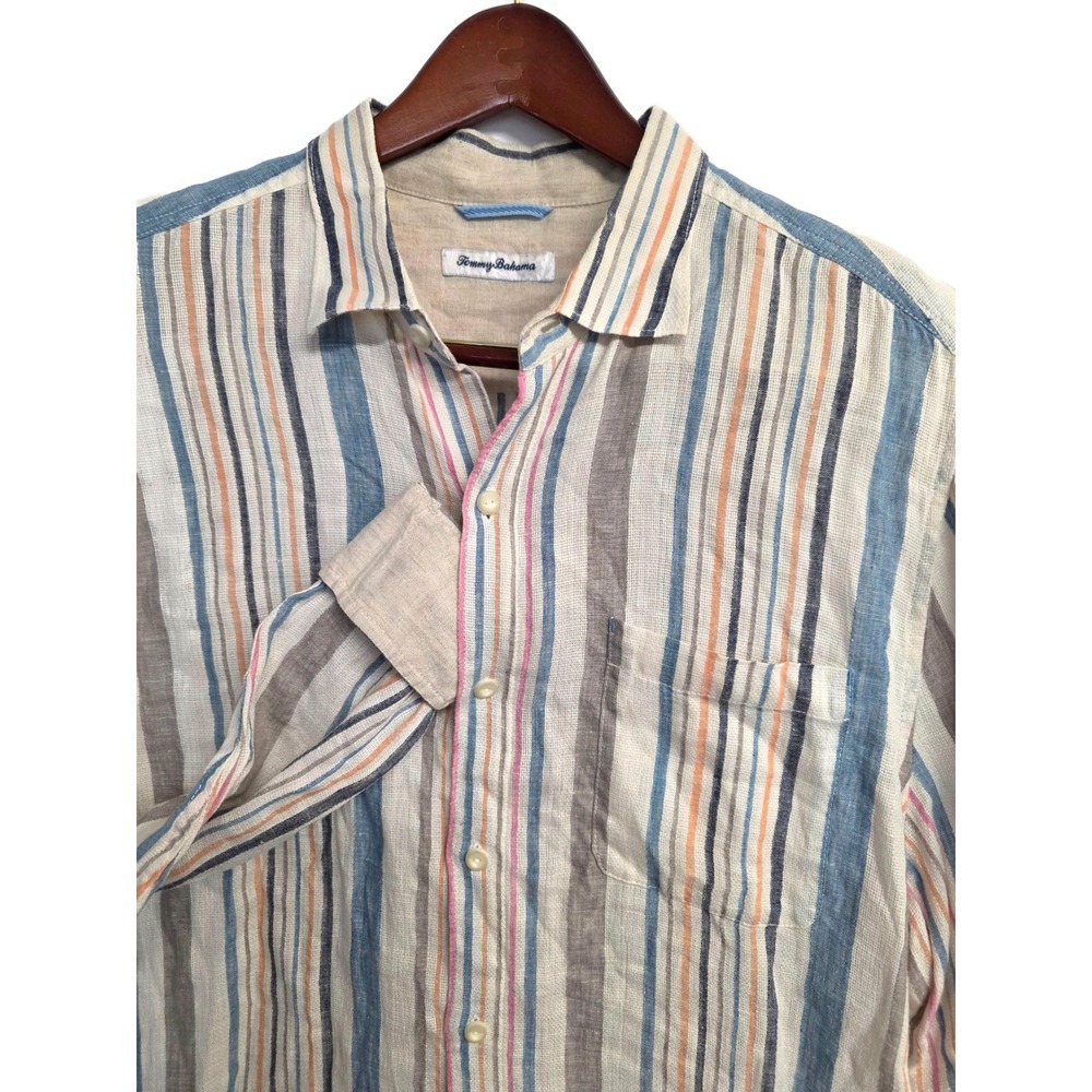 Tommy Bahama Mens XL Linen Button Down Shirt Multi Color Vertical Stripe Beige